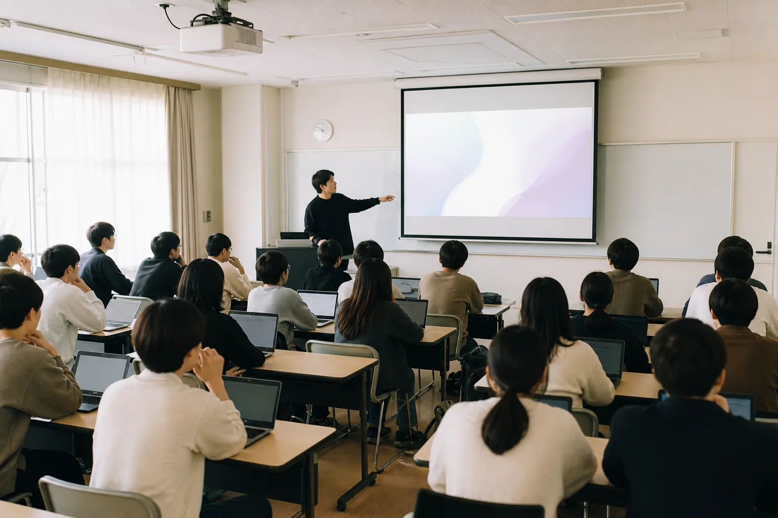 教室の後方から見た授業のようす。前方のスクリーンの横で講師が説明している
