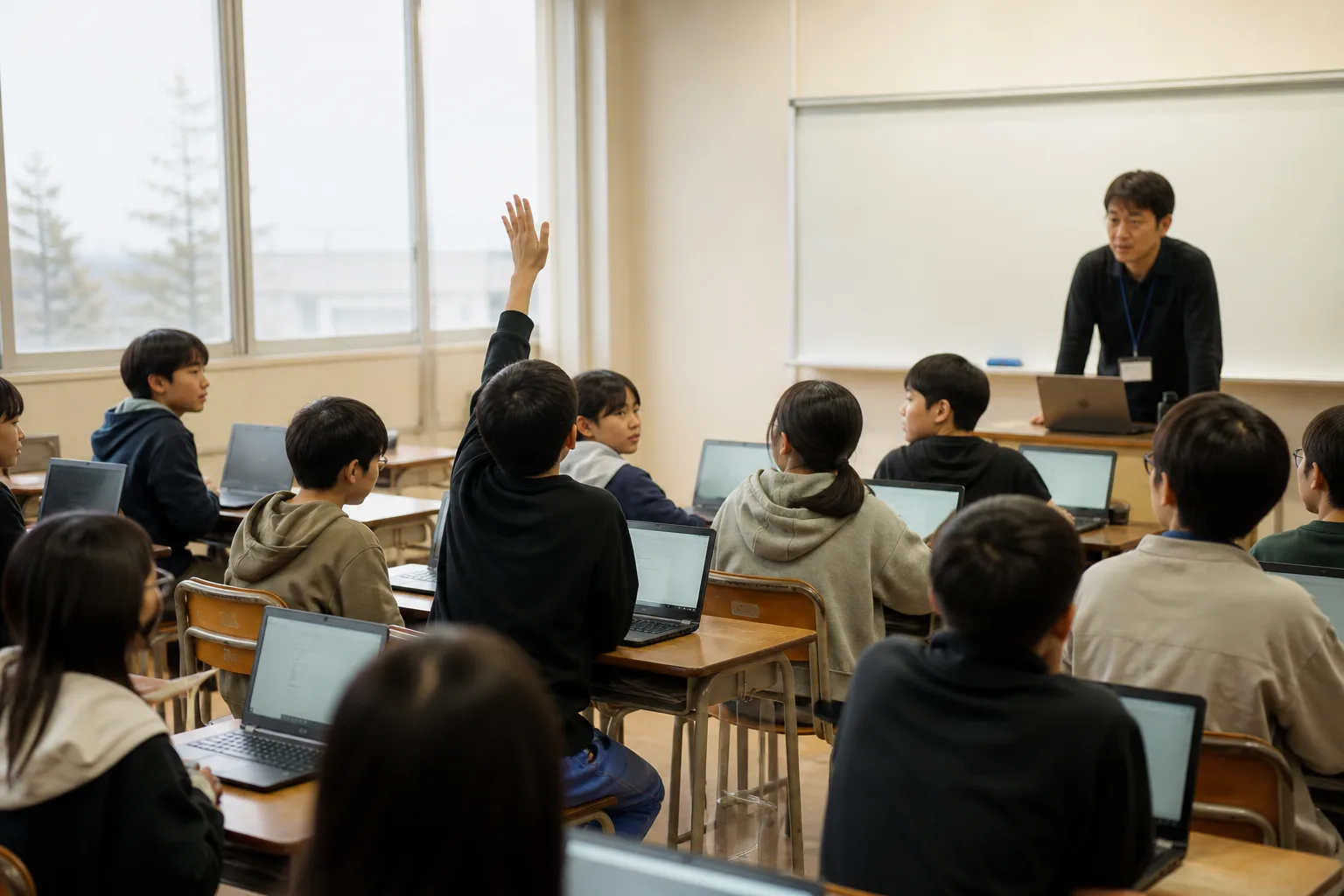 授業中に手を挙げて質問する生徒と、そちらを向いた講師とクラスメイト