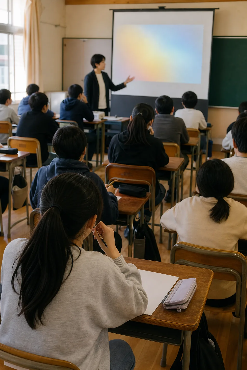 スクリーンの前で説明する講師と、席から見ている生徒たち