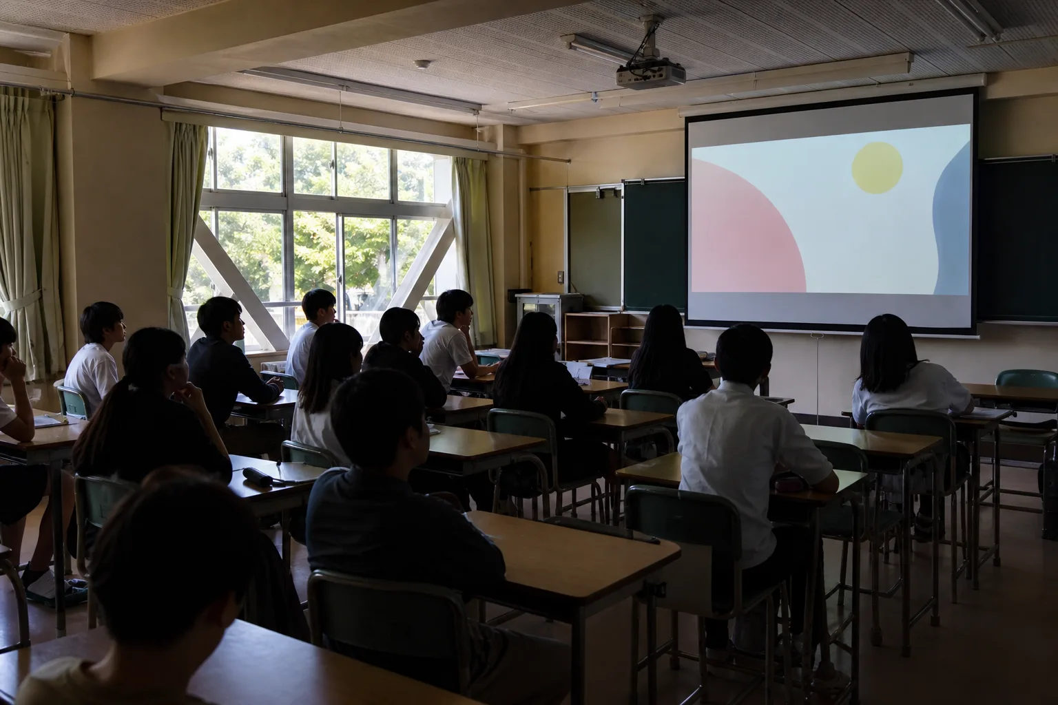 前方のスクリーンに映った画面と、それを見ている生徒たち