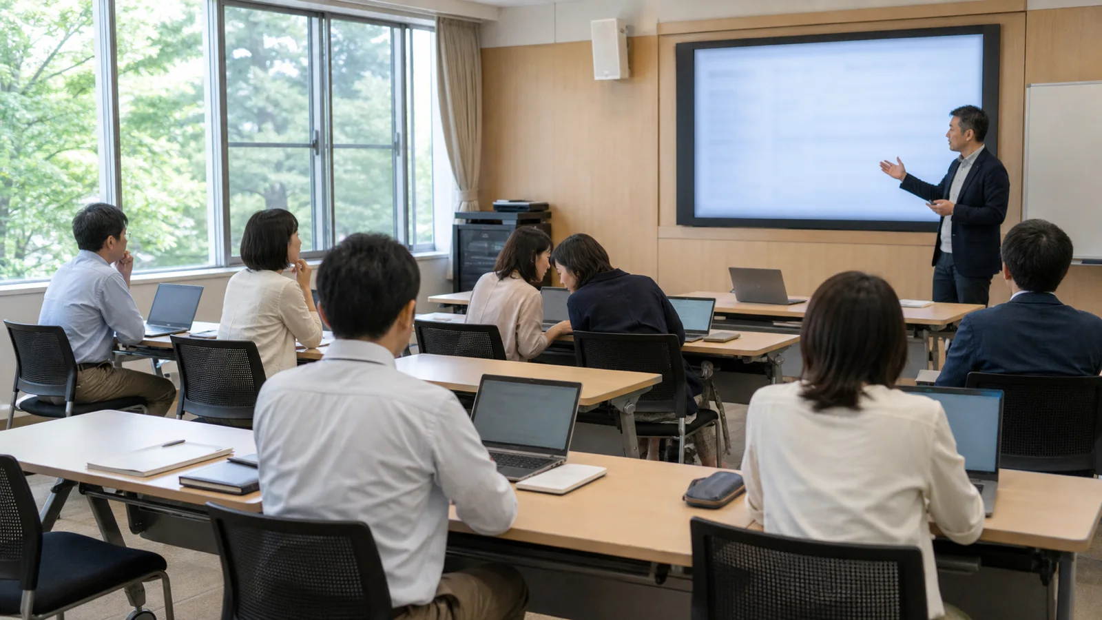 研修室で、スクリーンの横に立つ講師の説明を聞く教職員のみなさん