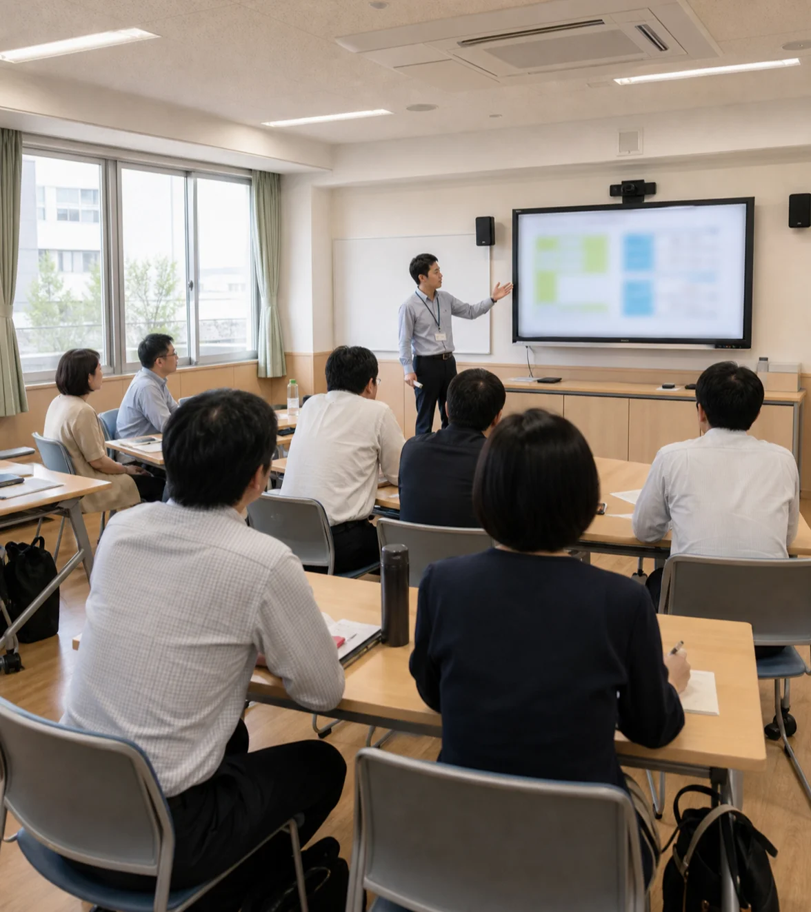 スクリーンの横で説明する講師と、席で聞いている教職員のみなさん
