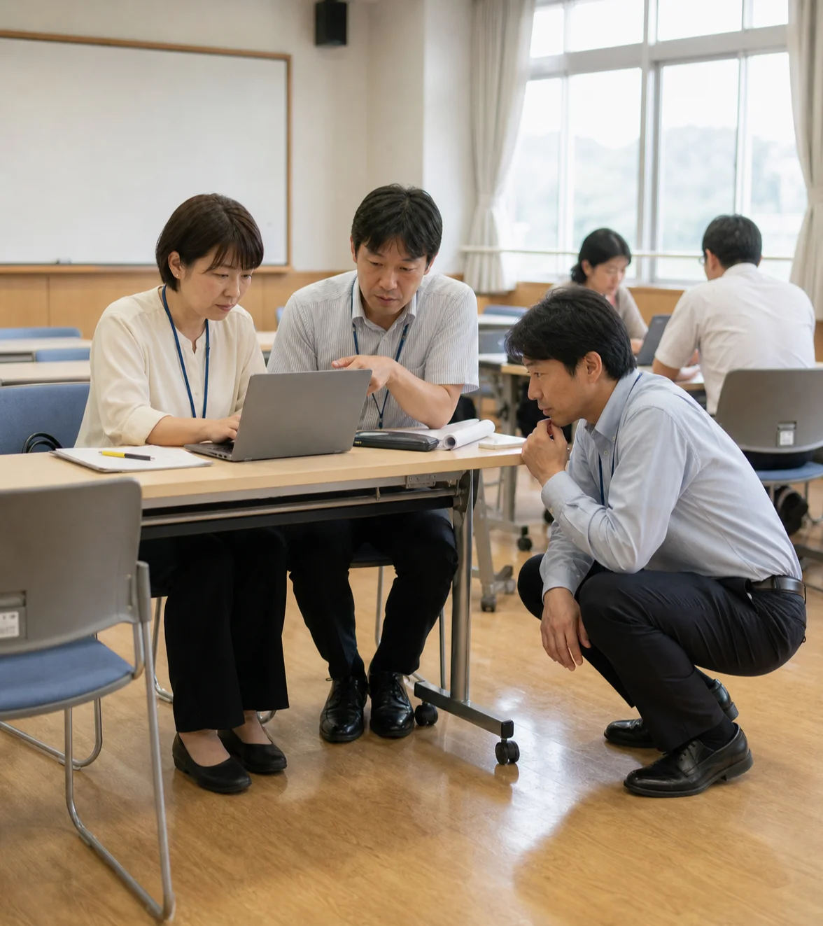 1台のノートパソコンを囲んで作業する教職員と、机の横にしゃがんで見ている講師