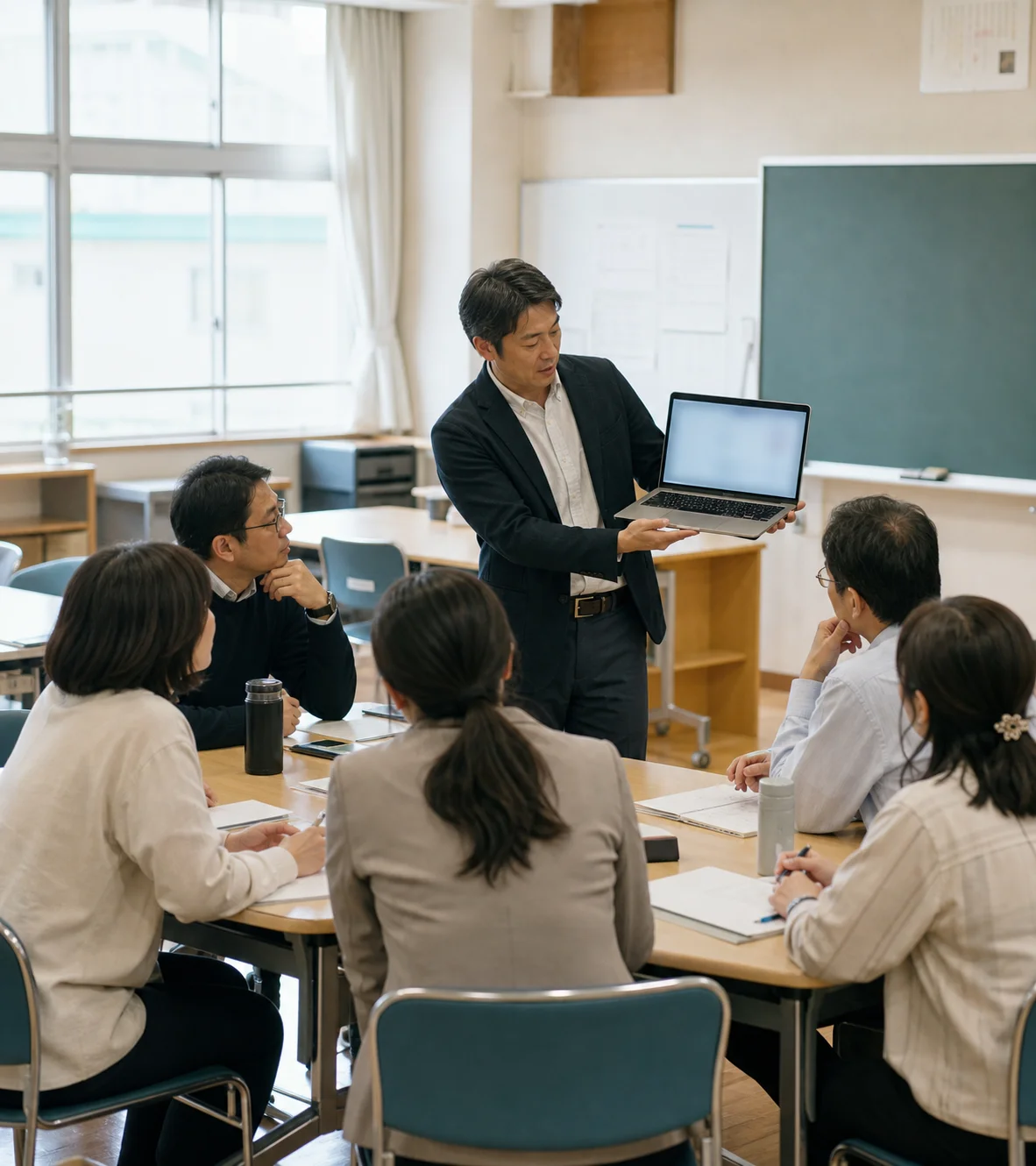 ノートパソコンの画面を同僚に向けて見せながら説明している教職員