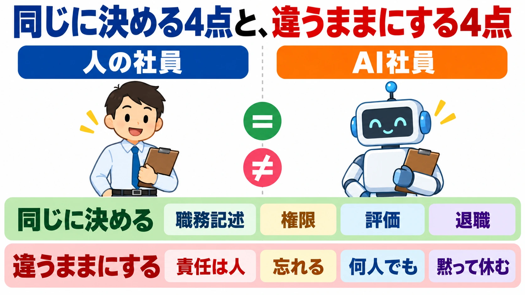左に人の社員、右に AI 社員を並べ、上段に「同じに決める 4 点」、下段に「違うままにする 4 点」を対比した図