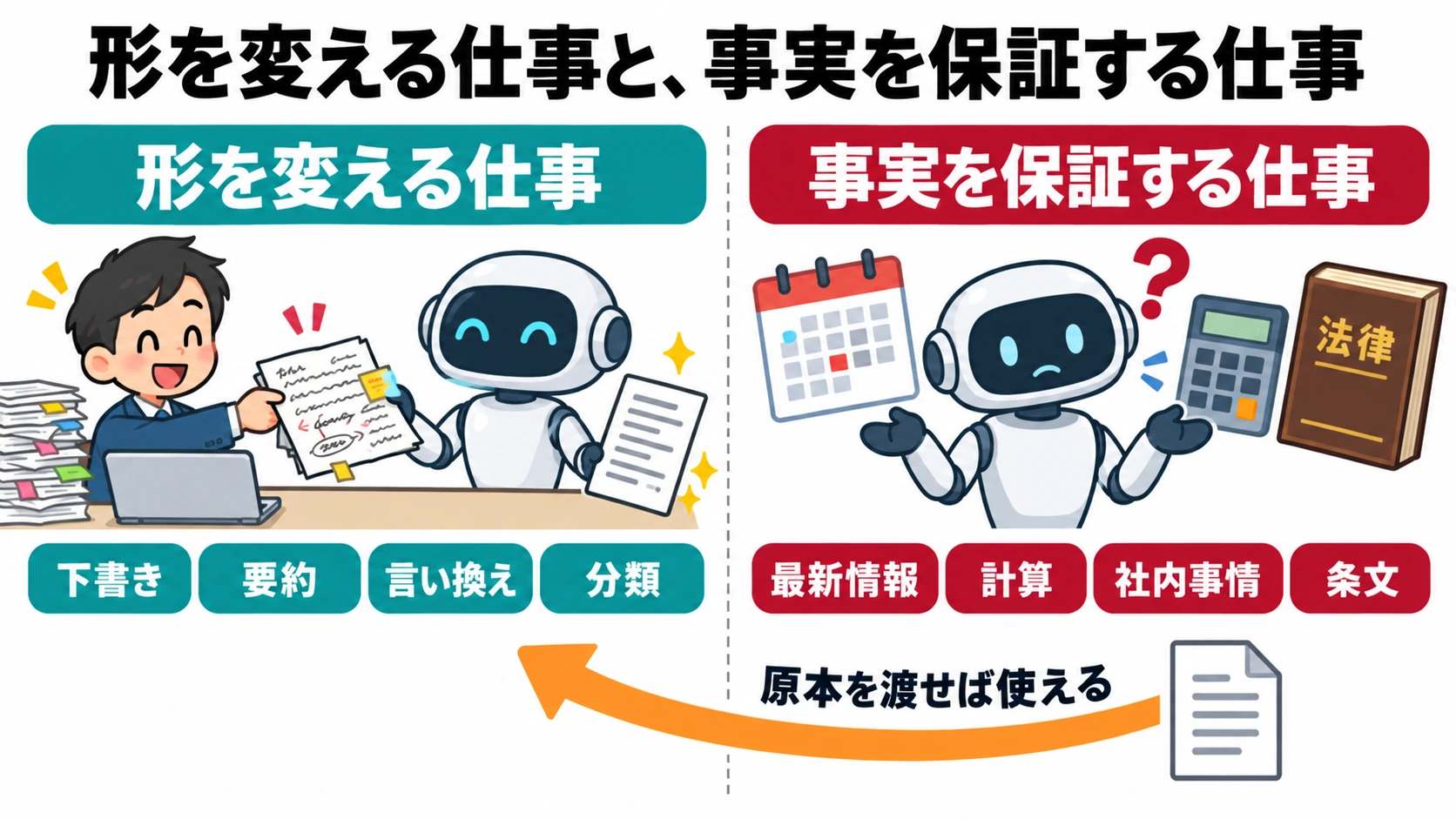 左に「文章の形を変える仕事」として下書き・要約・言い換え・分類、右に「事実を保証する仕事」として最新情報・計算・社内事情・条文を並べ、右側には原本を渡す矢印が付いた対比図