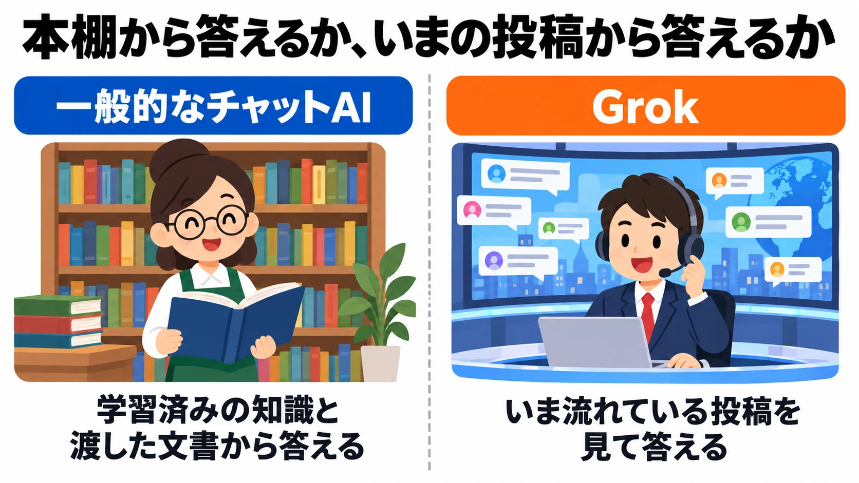 司書のように本棚から答える一般的なチャット AI と、速報デスクのように流れる投稿を見て答える Grok を並べた対比図